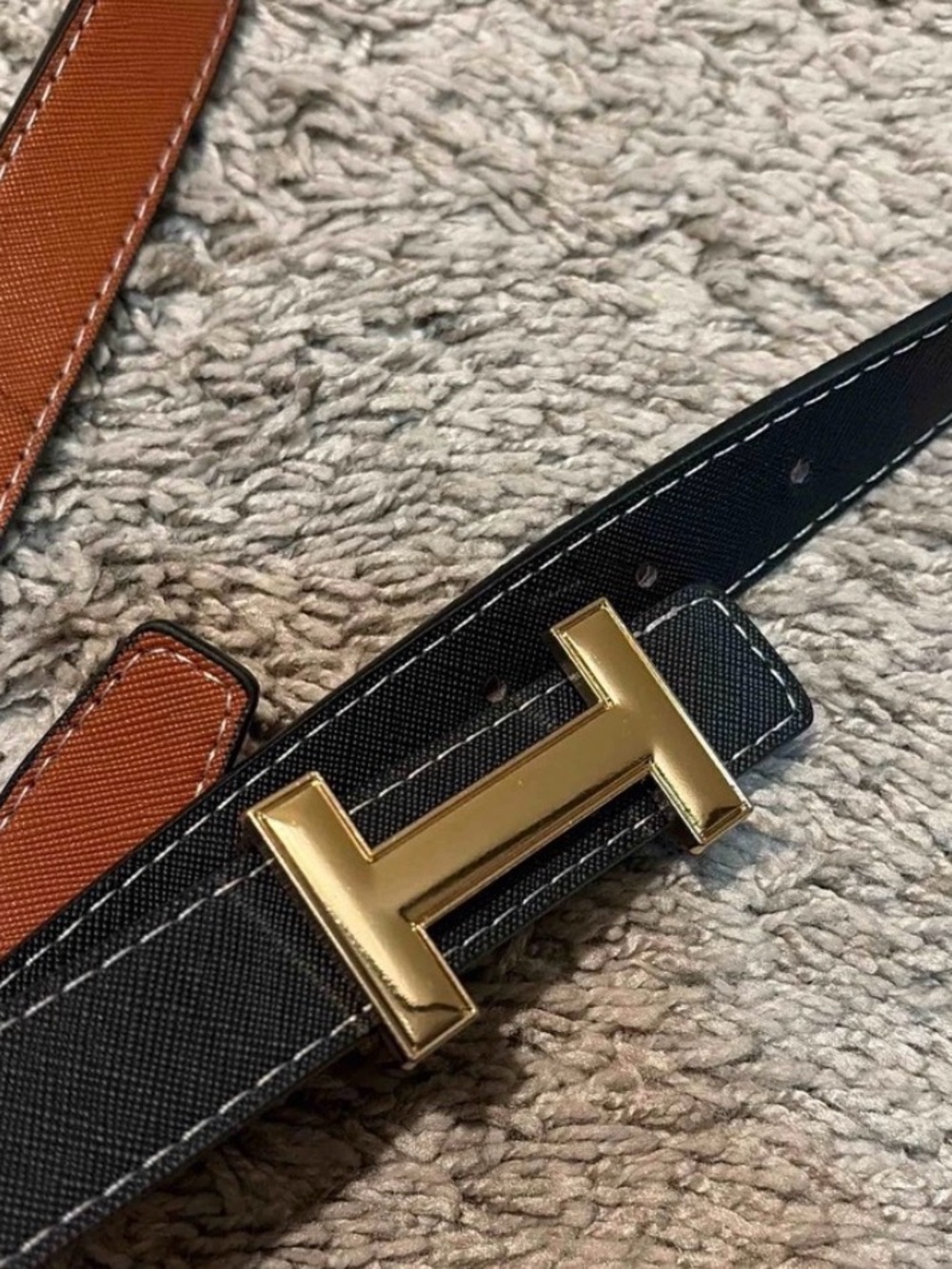 Black & Brown Reversible Leather Belt with Gold H Buckle